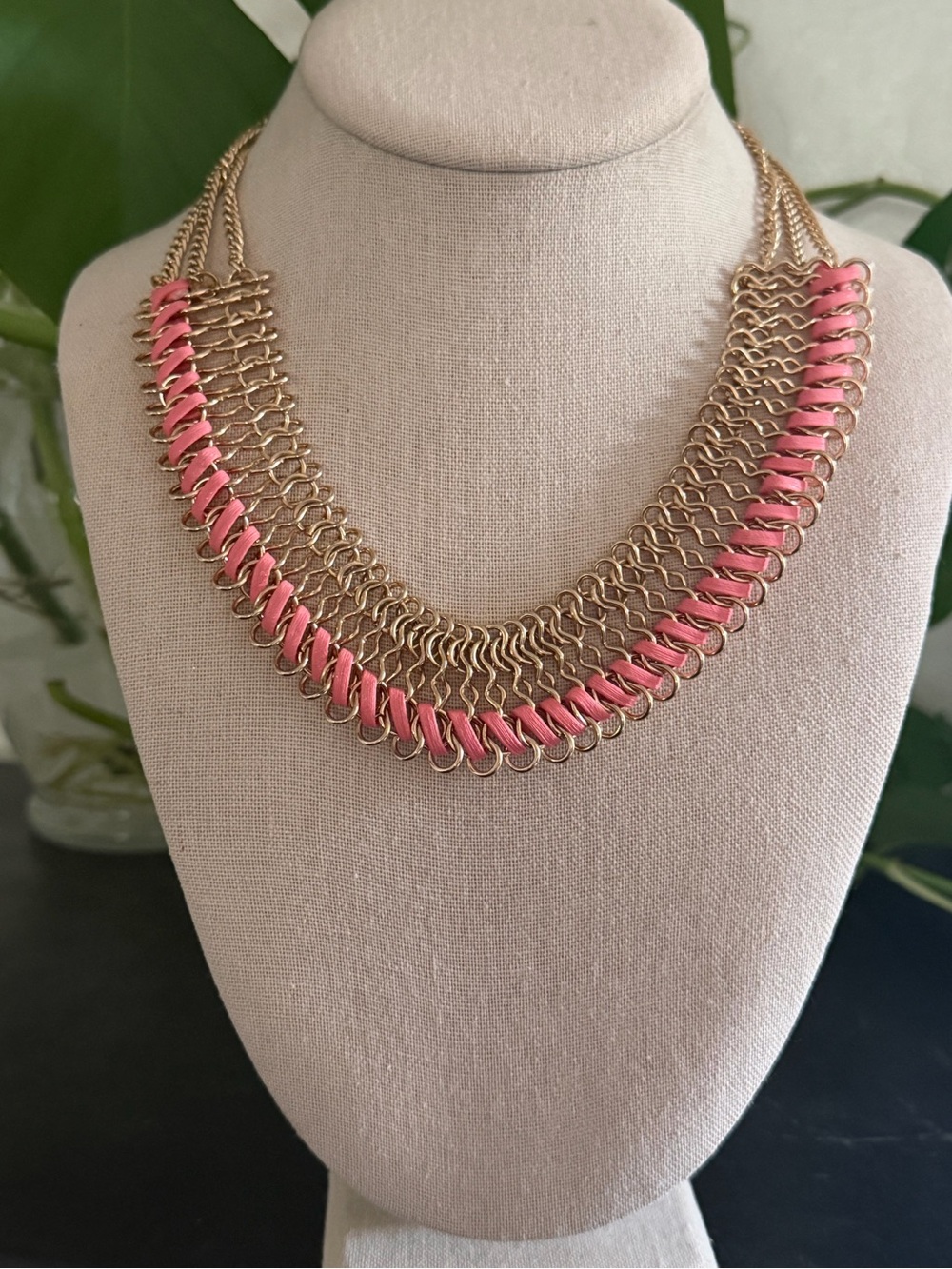 Vintage Gold & Pink Leather Ribbon Braided Collar Bib Statement Necklace